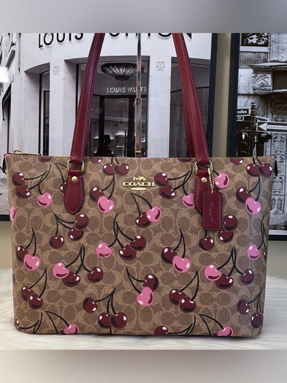 Coach Cherry-Print Tote in Pink & Burgundy